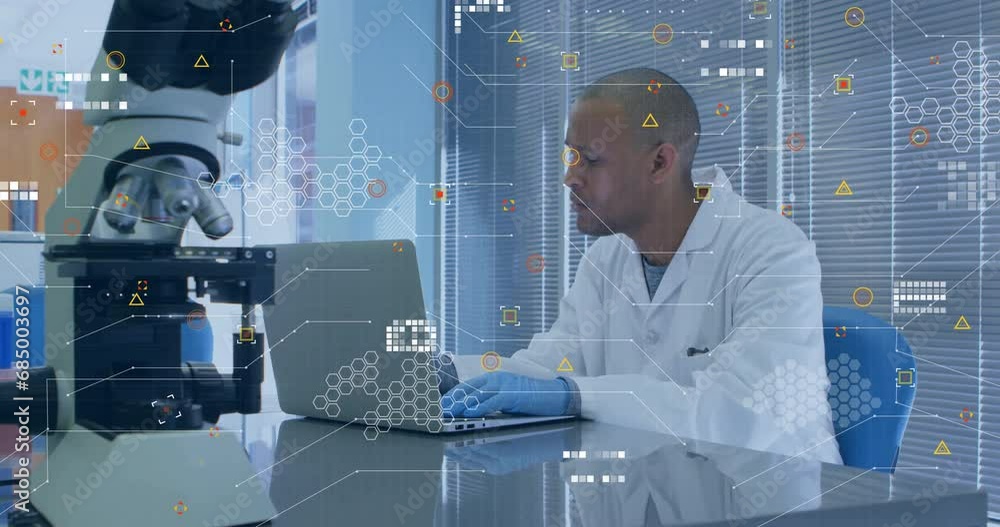 Aufkleber animation of white pixels of processing data over biracial male scientist using laptop in laboratory