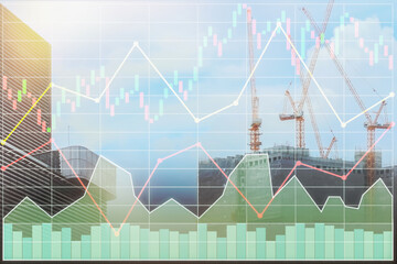 Stock financial index with graph and chart show successful investment on construction industry and property business with modern building and tower crane background. - 685003641