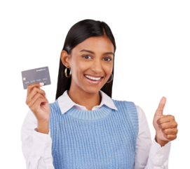 Portrait, woman or thumbs up with credit card for banking, online shopping or financial savings isolated on transparent png background. Happy indian model, investment winner or feedback of sales deal