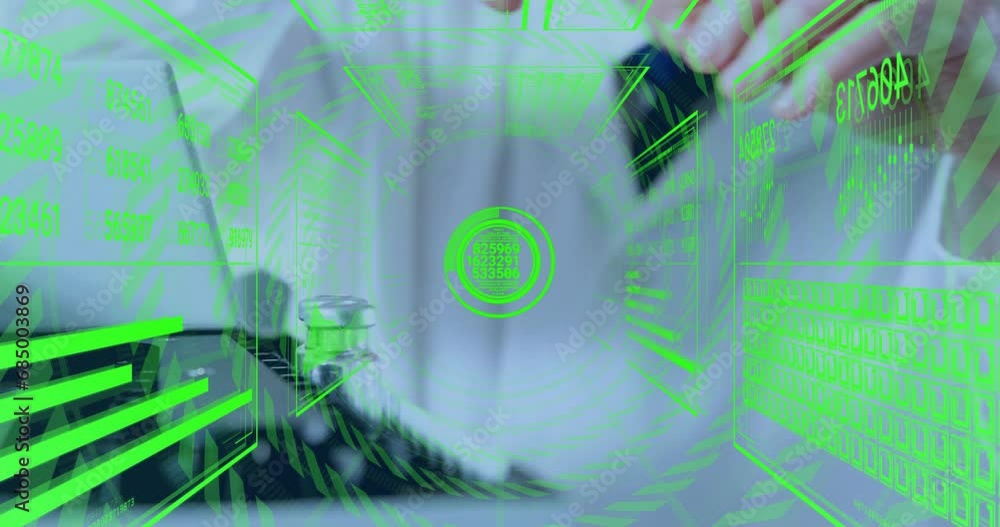Poster animation of processing data over caucasian male scientist storing vials of serum in laboratory