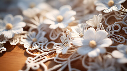 Fototapeta na wymiar Elegant flower embroidery on wedding dress. Beautiful white plastic snowflakes close-up on a wooden background. Stunning display of white marble and gold floral intersections, revealing luxury. Wedd