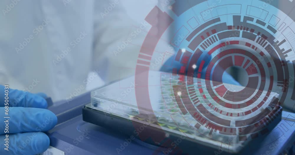 Poster animation of circular scanner processing data over hands of scientist working in laboratory