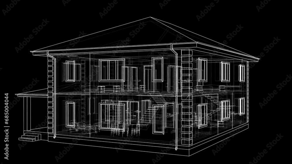 Poster an animated drawing of a house rotates on its axis