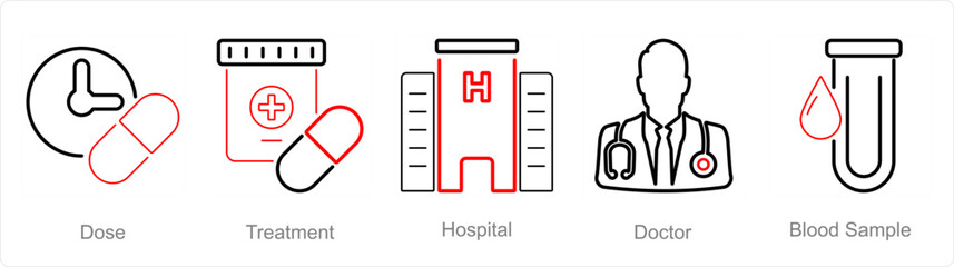 A set of 5 Health Checkup icons as dose, treatment, hospital