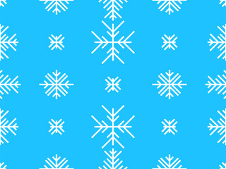 Naklejka na ściany i meble Winter seamless pattern with white snowflakes on a blue background. Geometric snowflakes of different shapes. Design for wallpaper, wrapping paper, banners and posters. Vector illustration