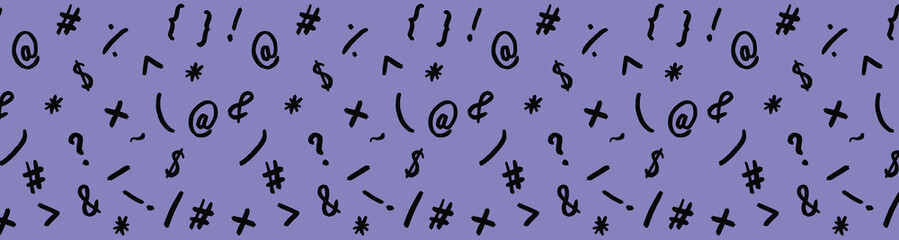 Fototapeta premium pattern with the image of keyboard symbols. Punctuation marks. Template for applying to the surface. pastel blue violet background. Horizontal image. Banner for insertion into site.