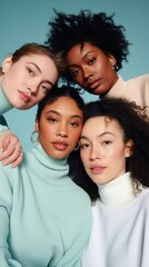 Skincare campaign group portrait with young attractive women. Ethnical diversity