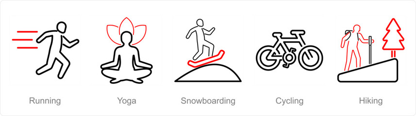 A set of 5 Hobby icons as running, yoga, snowboarding