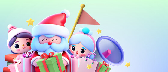 Obraz premium New Year celebration background and green gifts with Santa Claus children with promotional ideas to reduce merchandise prices. blue, star, cheerful, friend, winter, happiness, banner, 3d rendering
