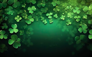 St Patricks Day poster. Lucky green four leaf clover pattern background. Plant banner template, botanical soft texture on green surface. Party invitation, flyer, greeting card design. AI Generative.
