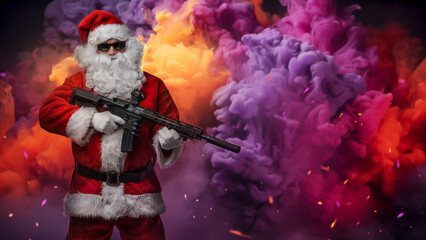 A man dressed as Santa Claus, holding a machine gun, poses against a background of bright,...