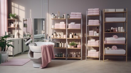 A well-organized storage area in a beauty salon, neatly arranged with towels, products, and equipment.