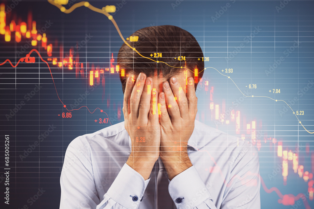 Poster anxious businessman covering face because of downward red candlestick forex chart with grid and inde
