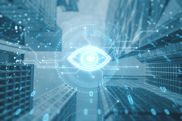 Futuristic digital eye icon overlaying cityscape, symbolizing computer vision and surveillance...