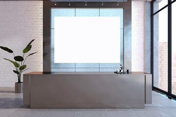 Contemporary office interior with reception desk, empty white mock up banner, window with city...