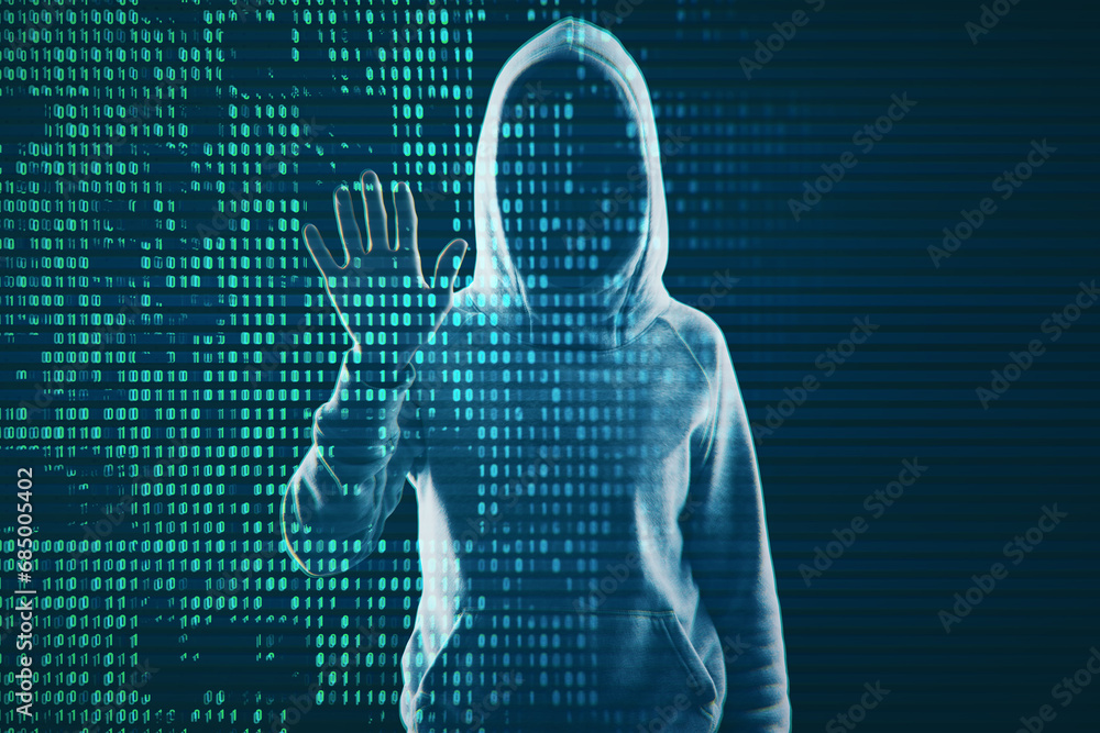 Poster Hacker using creative digital binary code dots hologram. Digital data concept. Double exposure.