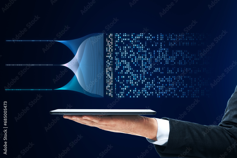 Poster Close up of businessman hand holding mobile phone with abstract glowing big data hologram with binary code on dark background. Stream information, filtering machine algorithm concept.