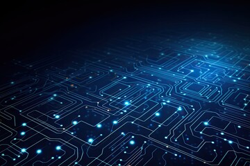 A blue background with a circuit board and  glowing line lights									
