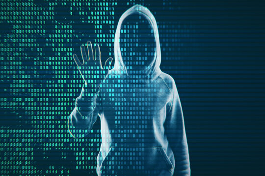 Hacker using creative digital binary code dots hologram. Digital data concept. Double exposure.