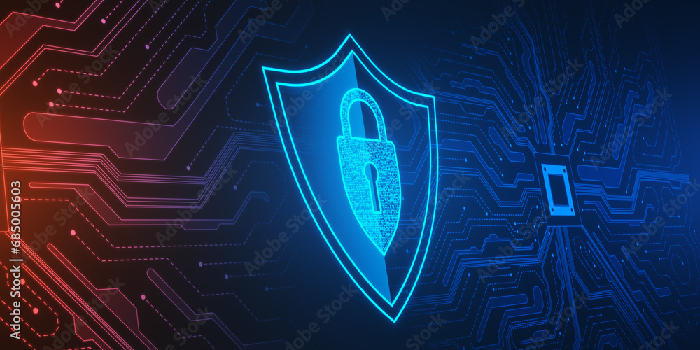 Aufkleber creative web protection sign with circuit on blue background. web safety and security, shield, padlo