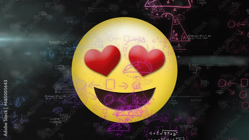 Aufkleber Animation of mathematical data processing and smiley face with hearts over black background