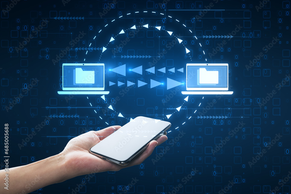 Poster close up of female hand holding mobile phone with creative digital data transfer and exchange folder