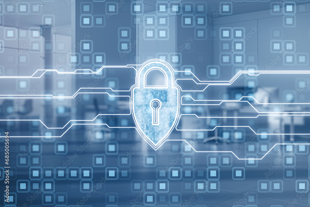 Poster Creative web protection sign with binary coding lines on blurry office interior background. Web safety and security, shield, padlock and antivirus concept. Double exposure.