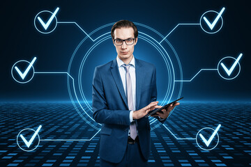 Confident businessman with tablet showcasing digital check marks on a blue technological background