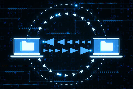 Creative digital data transfer and exchange folders on dark background. Backup data, virtual document storage or loading on cloud service. 3D Rendering.