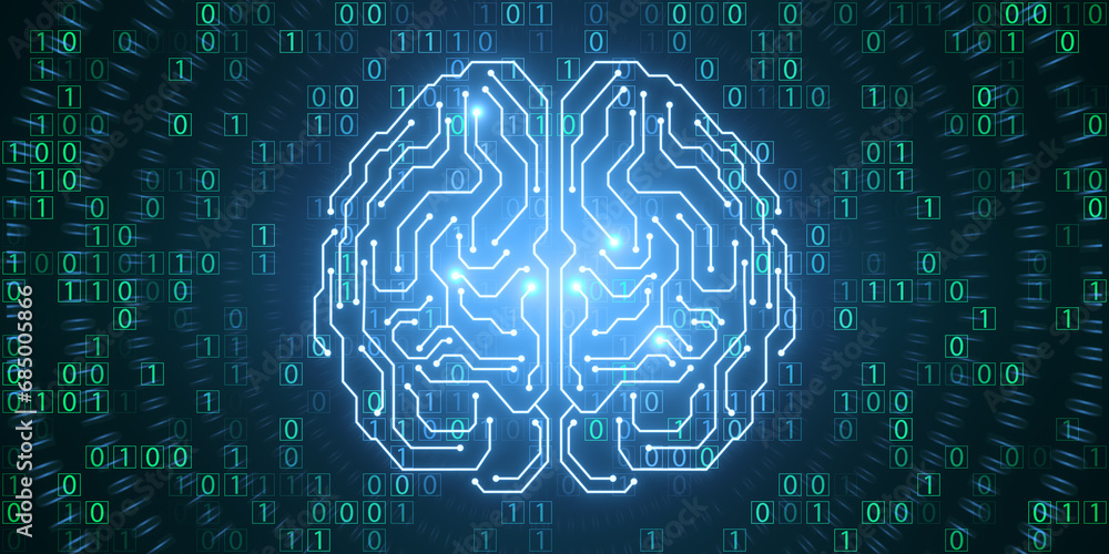 Fototapete Glowing brain hologram with binary coding on blue wallpaper. Programming, machine learning and artificial intelligence concept. 3D Rendering.