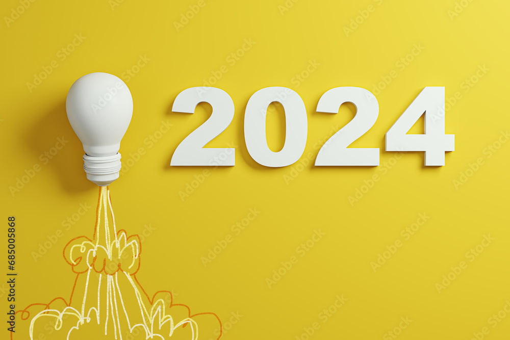Poster Illuminated lightbulb with 2024, representing a bright outlook and innovative strategies. 3D Rendering