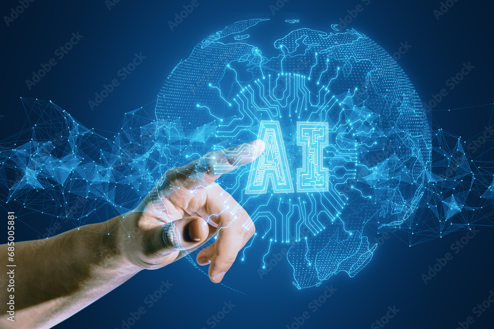 Poster hand touching holographic ai icon on a digital world map, symbolizing global tech innovation