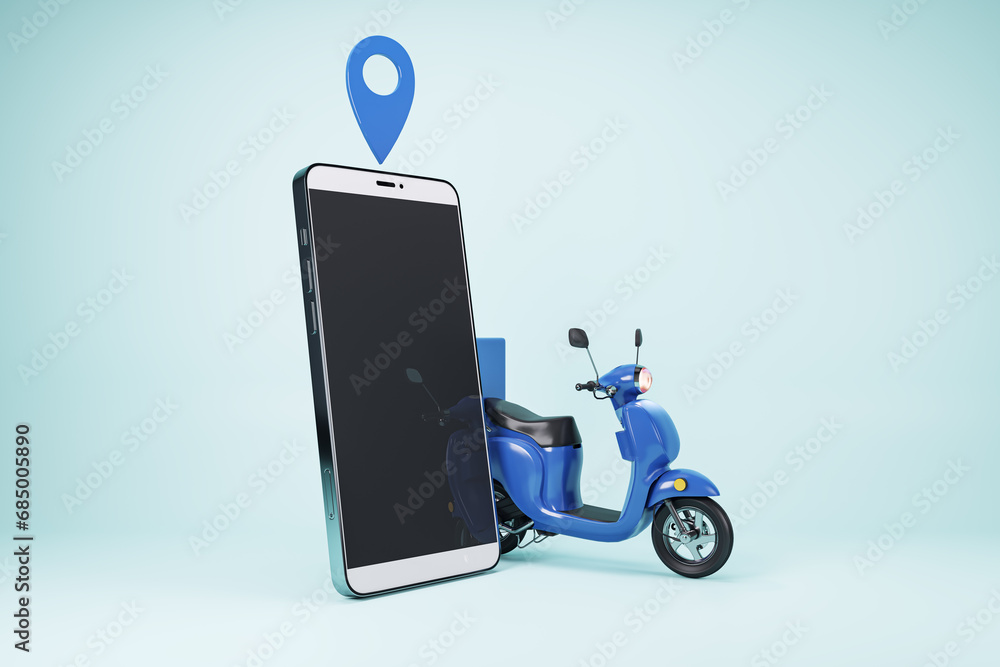 Poster blue scooter paired with oversized smartphone showing location pin on pale background. urban mobilit