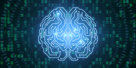 Glowing brain hologram with binary coding on blue wallpaper. Programming, machine learning and artificial intelligence concept. 3D Rendering.