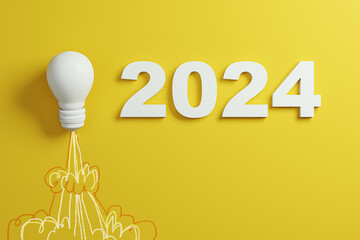 Illuminated lightbulb with 2024, representing a bright outlook and innovative strategies. 3D Rendering