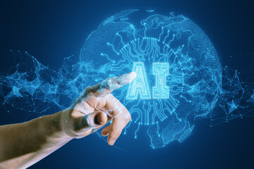 Hand touching holographic AI icon on a digital world map, symbolizing global tech innovation
