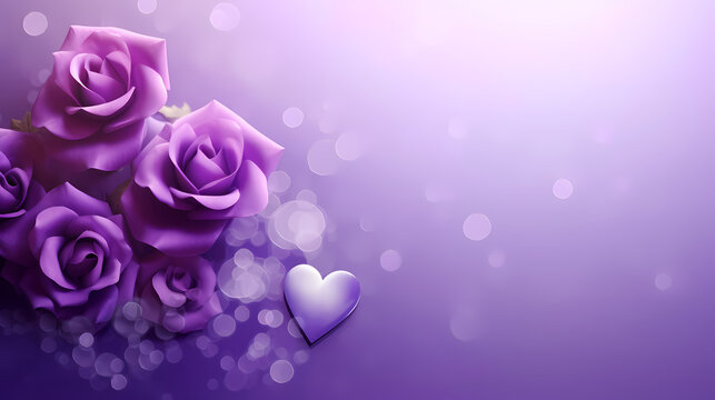 3d Rendering. Design for Mother's Day and Valentine Day illustration. purple rose flower and heart shape, bokeh on purple background. With Copy space.