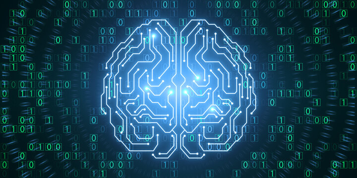 Glowing brain hologram with binary coding on blue wallpaper. Programming, machine learning and artificial intelligence concept. 3D Rendering. - Powered by Adobe