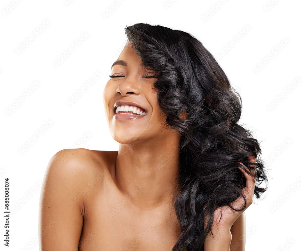 Wall mural Hair care, woman and hands with laughing for beauty, glow shampoo or shine isolated on png transparent background. Skincare, person and happy with cosmetics, confidence and hairstyle for wellness