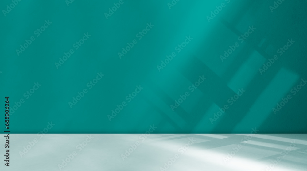 Wall mural Green Background Shadow Studio Room Table Product,Teal Color Podium with Light Overlay on Wall Floor Scene Cement Loft Backdrop,Abstract Light on Template Mockup Minimal Kitchen Bar,Empty Space Desk.