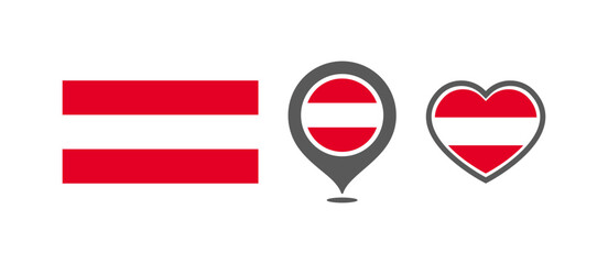 National flag of the Austria. Flag in the shape of rectangles, location marks, hearts. Austria national flag for language selection design. Vector icons