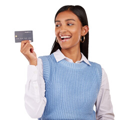 Woman, smile and credit card for banking, finance and wealth of investment isolated on transparent...