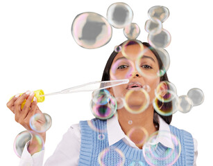 Woman, blow bubbles or happiness in portrait for relaxed, positive attitude or cheerful break....