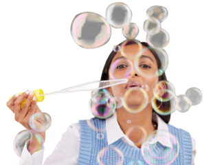 Woman, blow bubbles or happiness in portrait for relaxed, positive attitude or cheerful break. Indian model, face and liquid soap with celebrate in wellness and isolated on transparent png background