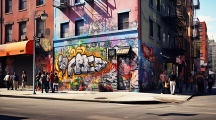 Modern city of New York with graffiti on the building