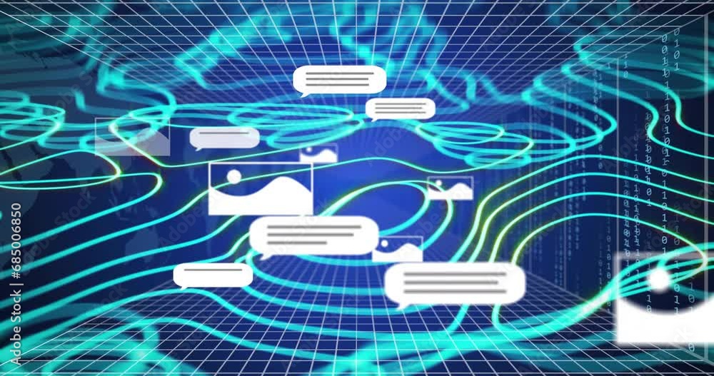Poster animation of ai data processing over blue glowing lines on dark background