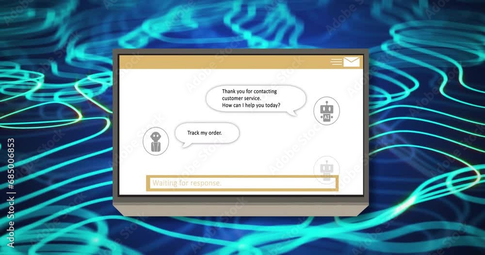 Poster Animation of ai data processing on screen over blue glowing lines on dark background