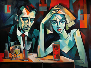 concept illustration of female alcoholism, alcohol addiction, sad people 
