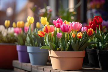 colorful tulips flowers in pots on the street in front of a store - obrazy, fototapety, plakaty