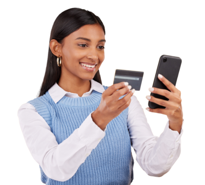 Face, happy woman and credit card for e commerce, online shopping or digital banking. Indian person, entrepreneur and technology with mobile app on isolated or transparent png background for fintech